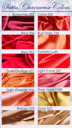 a collection of twelve different satin charme colors, each with a unique hue and texture. The colors include Burgundy, Coral, Rust Dark, Rust Dark, Red, Tomato Lush, Dark Orange, Light Coral, Dark Gold, Bronze, and Gold. The colors are arranged in a grid format, with each row representing a different color and each column representing a different texture. The image provides a visual representation of the various satin charme colors available for use in fashion, home decor, or other applications.