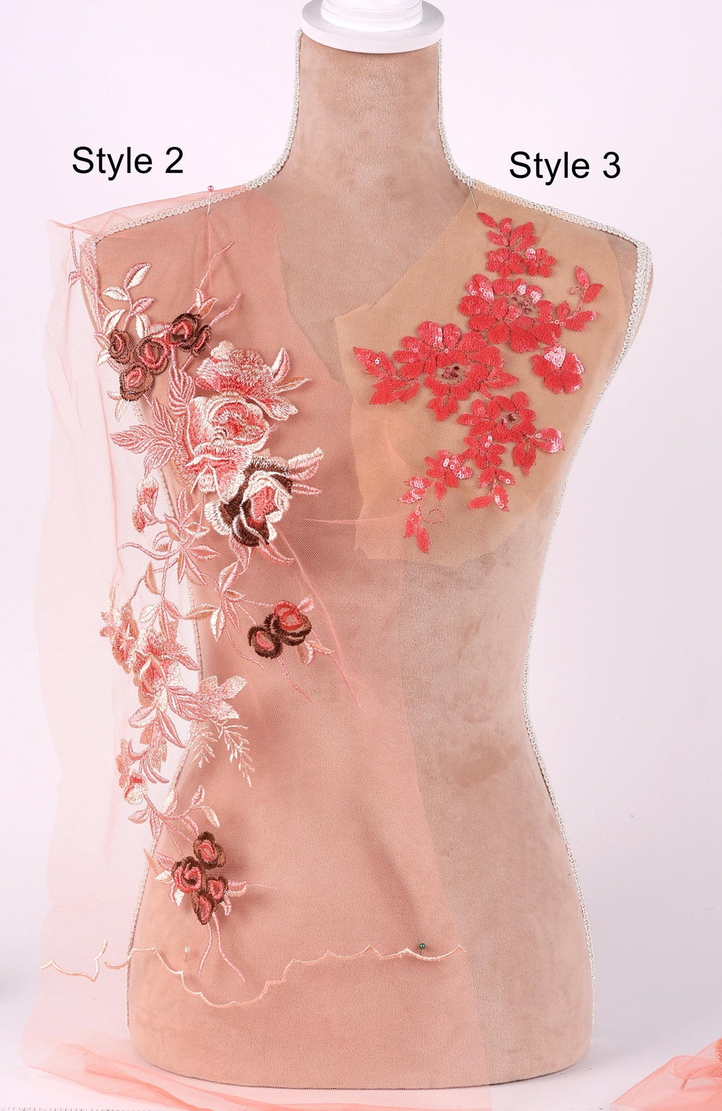 A mannequin with a pink floral design on its torso, featuring a combination of red and pink flowers. The mannequin is labeled with the styles "Style 2" and "Style 3".
