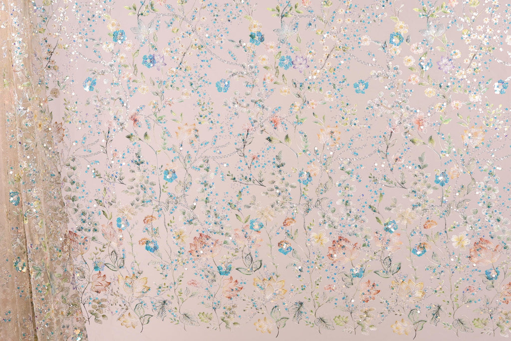 a vibrant and intricate floral pattern with various shades of pink, blue, and green. The pattern is composed of numerous small flowers and leaves, creating a visually striking and detailed design. The image appears to be a collage of multiple images, with each one contributing to the overall floral theme.