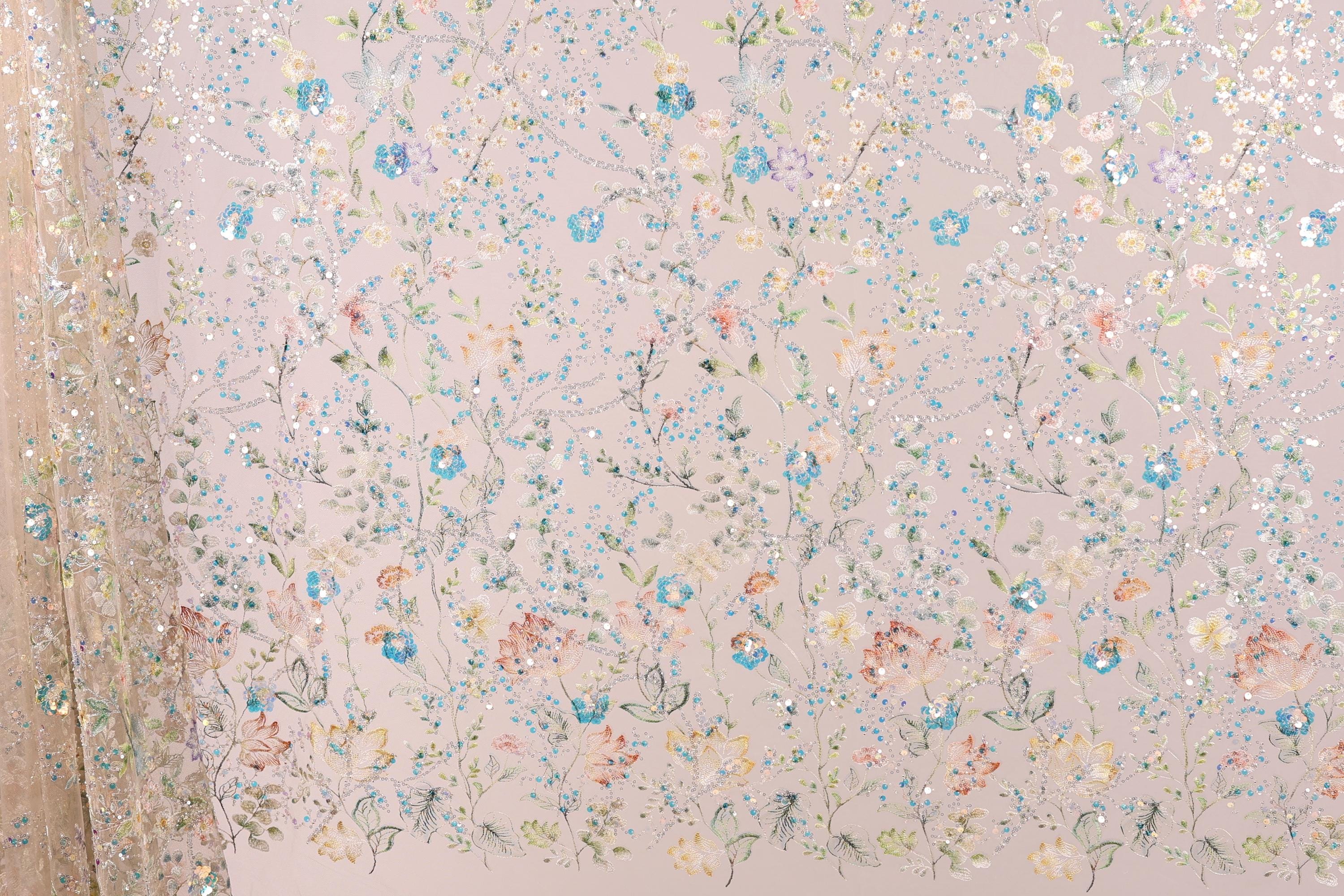 a vibrant and intricate floral pattern with various shades of pink, blue, and green. The pattern is composed of numerous small flowers and leaves, creating a visually striking and detailed design. The image appears to be a collage of multiple images, with each one contributing to the overall floral theme.