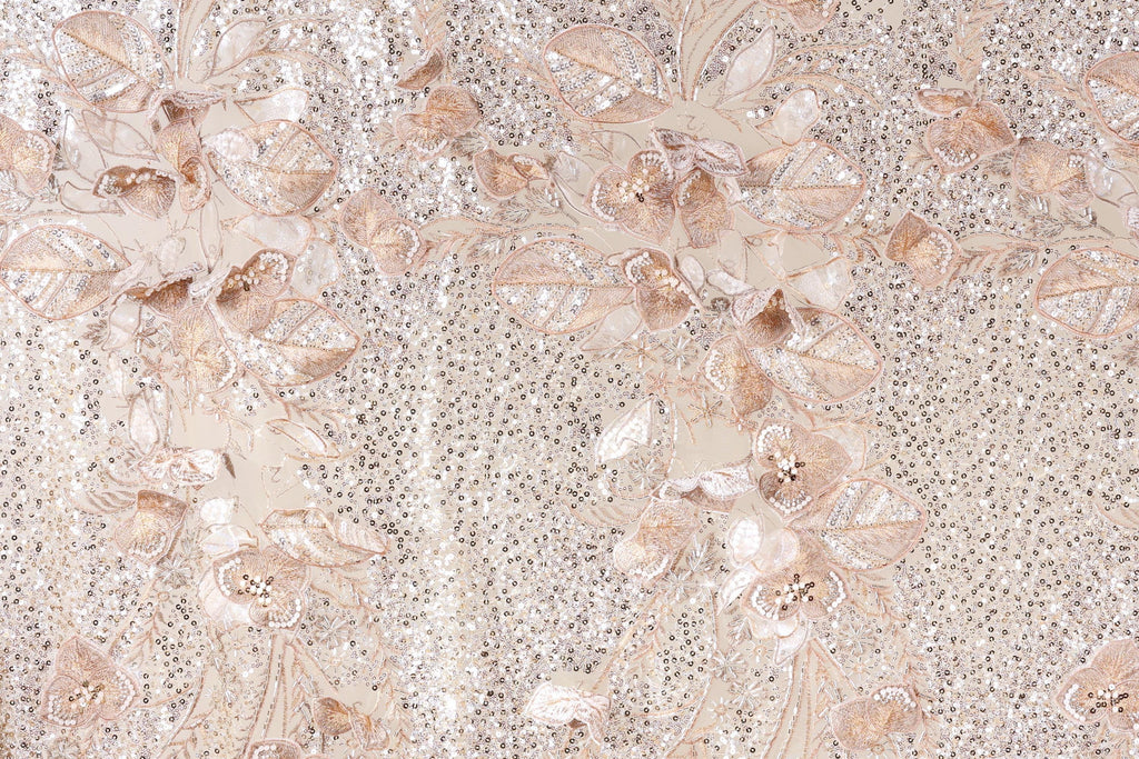 a close-up view of a fabric with a floral pattern, including various shades of pink and white flowers and leaves. The fabric appears to be made of a shiny, sequined material, giving it a sparkling and elegant appearance.