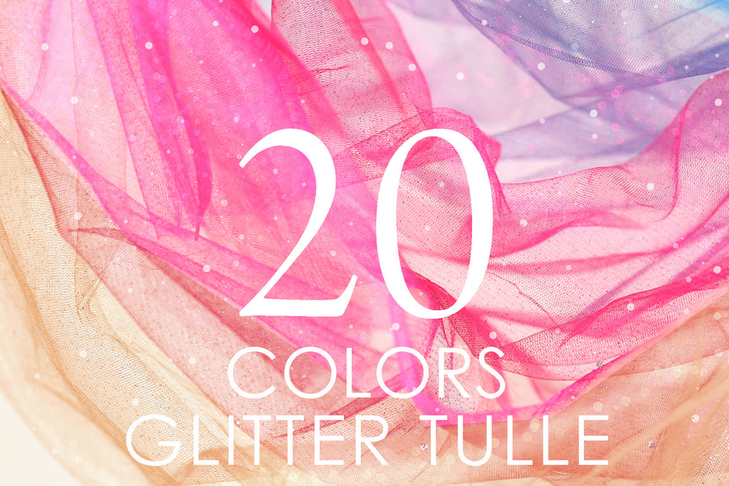 a close-up of a pink and purple fabric with the number 20 and the text "COLORS GLITTER TULLE" overlaid on it.