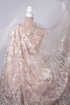 A close-up view of a delicate, lace-like fabric with a pink and white floral pattern.