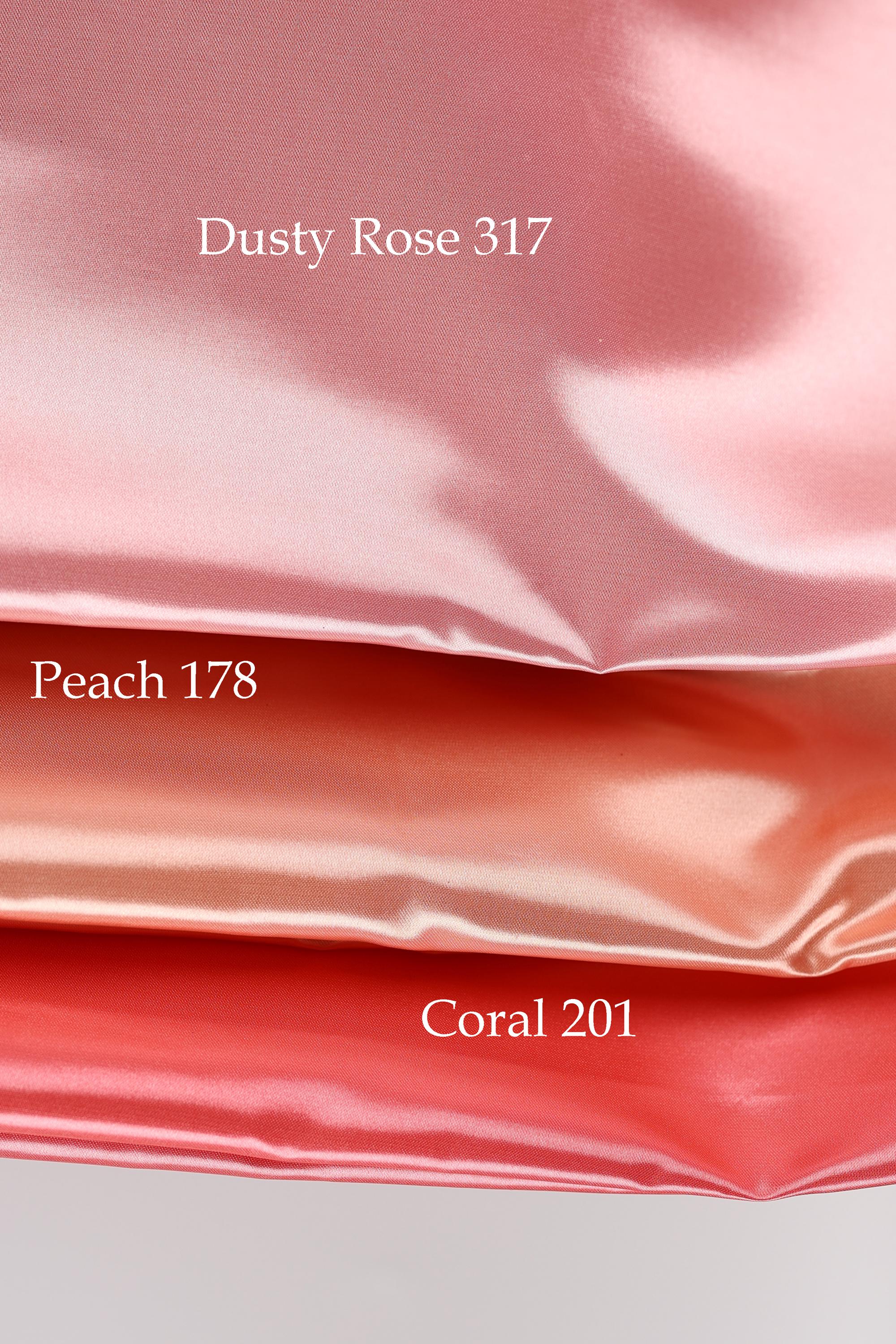 three different shades of pink fabric, including Dusty Rose, Peach, and Coral, arranged in a layered fashion.