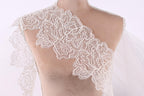 A close-up of a mannequin torso wearing a white lace fabric with a floral pattern.
