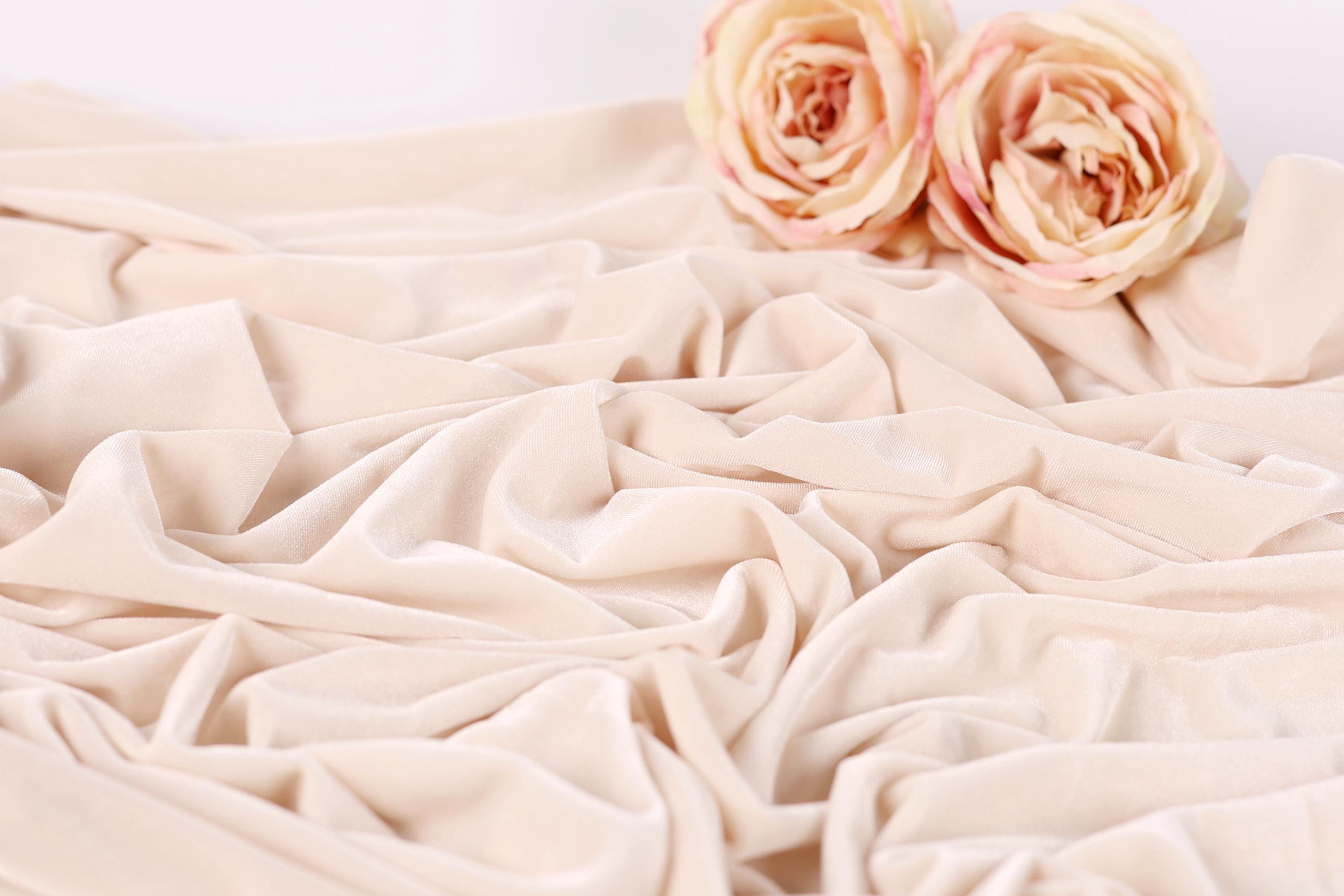 two light pink roses resting on a crumpled beige fabric.
