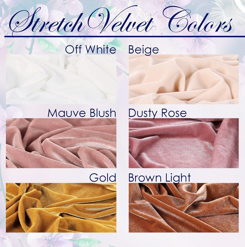 a collection of six different types of stretch velvet fabrics, each with a unique color and texture. The fabrics include Off White, Beige, Mauve Blush, Dusty Rose, Gold, and Brown Light.