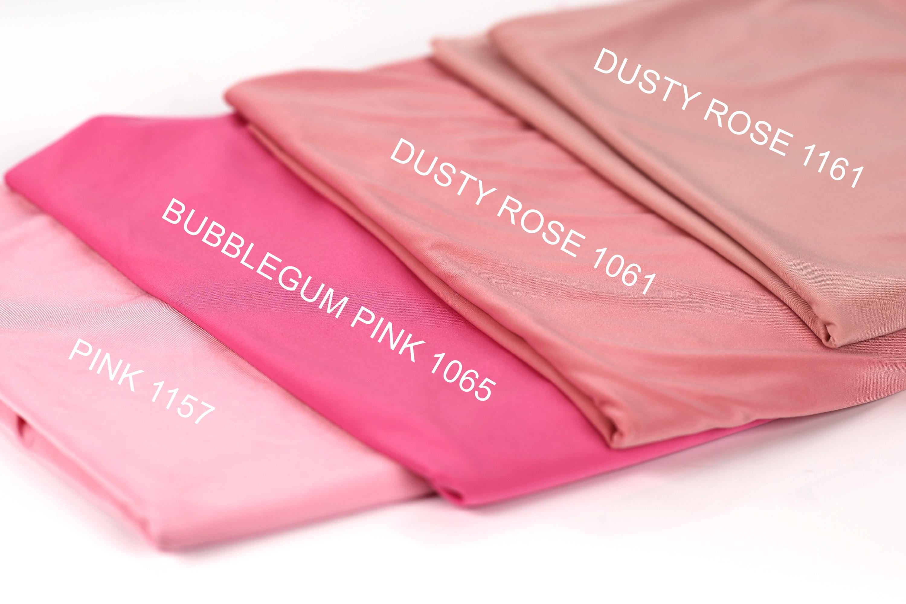 four different shades of pink fabric, each labeled with a color name.