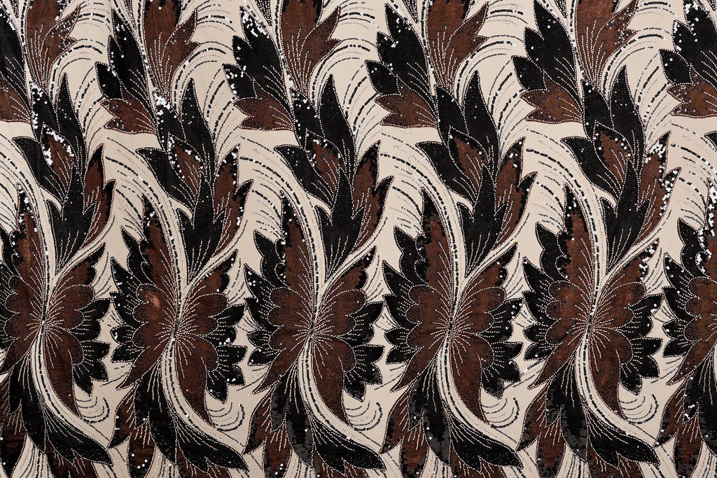 a repeating pattern of brown and black floral designs on a beige background.