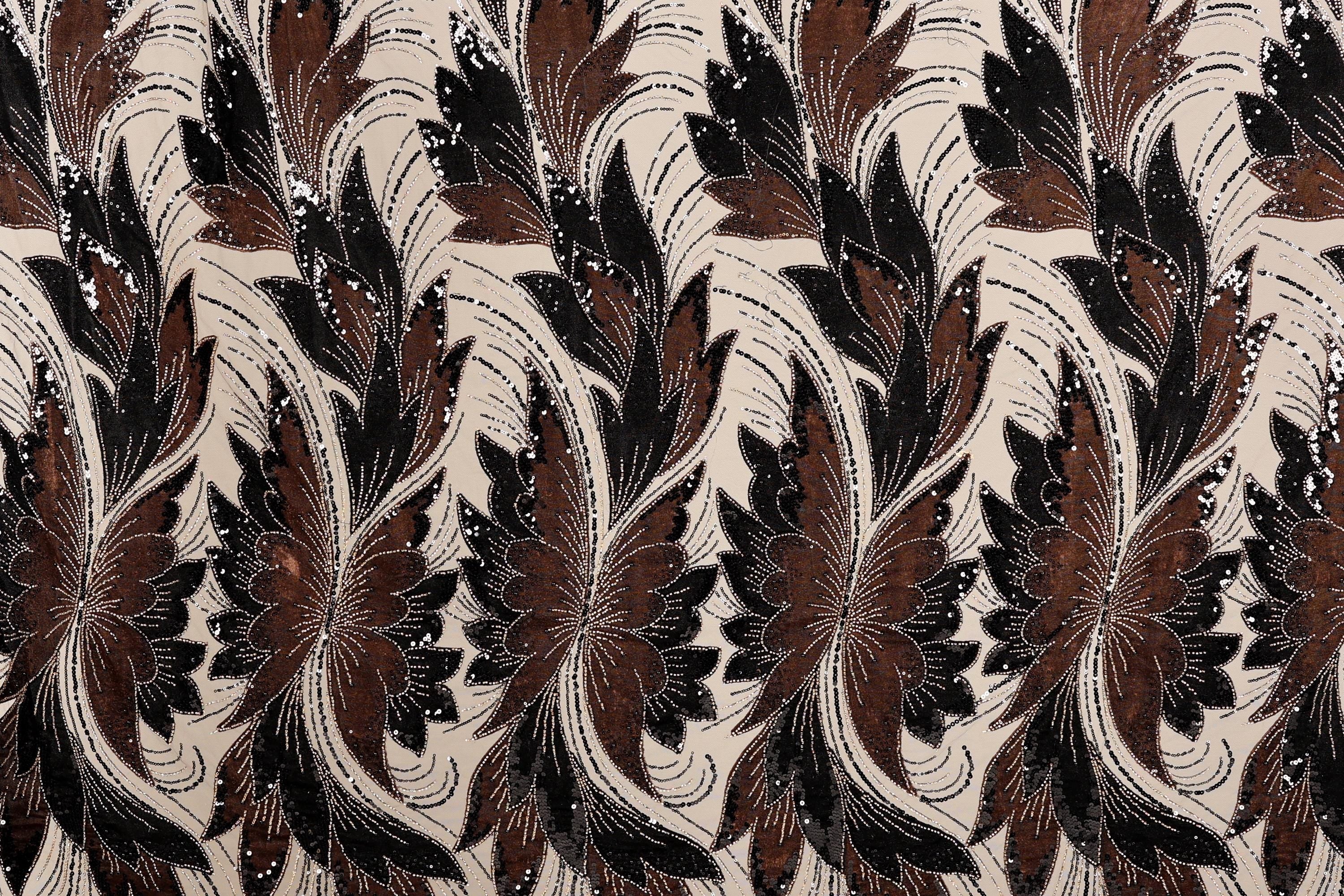 a repeating pattern of brown and black floral designs on a beige background.