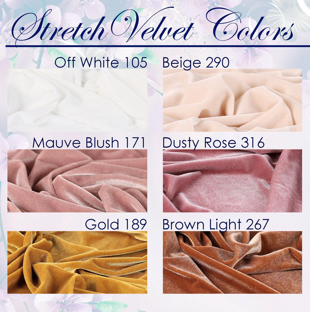 a collection of six different types of stretch velvet fabrics, each with a unique color. The fabrics include Off White 105, Beige 290, Mauve Blush 171, Dusty Rose 316, Gold 189, and Brown Light 267.