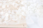 The image is a close-up of a delicate, white fabric with a floral pattern. The fabric appears to be made of sheer material, giving it a soft and delicate appearance. The flowers are arranged in a way that they create a sense of depth and texture, adding visual interest to the overall composition.