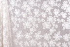 a close-up view of a delicate, white lace fabric with a floral pattern. The fabric appears to be made of sheer material, giving it a delicate and elegant appearance. The lace fabric is spread across the entire image, creating a sense of depth and texture. The floral pattern on the fabric is intricate and detailed, showcasing the craftsmanship and artistry involved in creating such a piece of textile art.