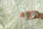 A hand is holding a piece of fabric with a floral pattern, and the background is a light green color with small white dots.