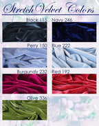 a collection of six different stretch velvet fabric colors, each with a unique pattern and hue. The colors include Black 115, Navy 246, Perry 150, Blue 222, Burgundy 232, and Red 192. The fabrics are arranged in a grid format, showcasing the variety of options available for textile design and fashion.
