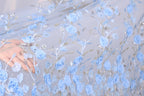 A close-up view of a hand holding a piece of fabric with a floral pattern of blue flowers and leaves.