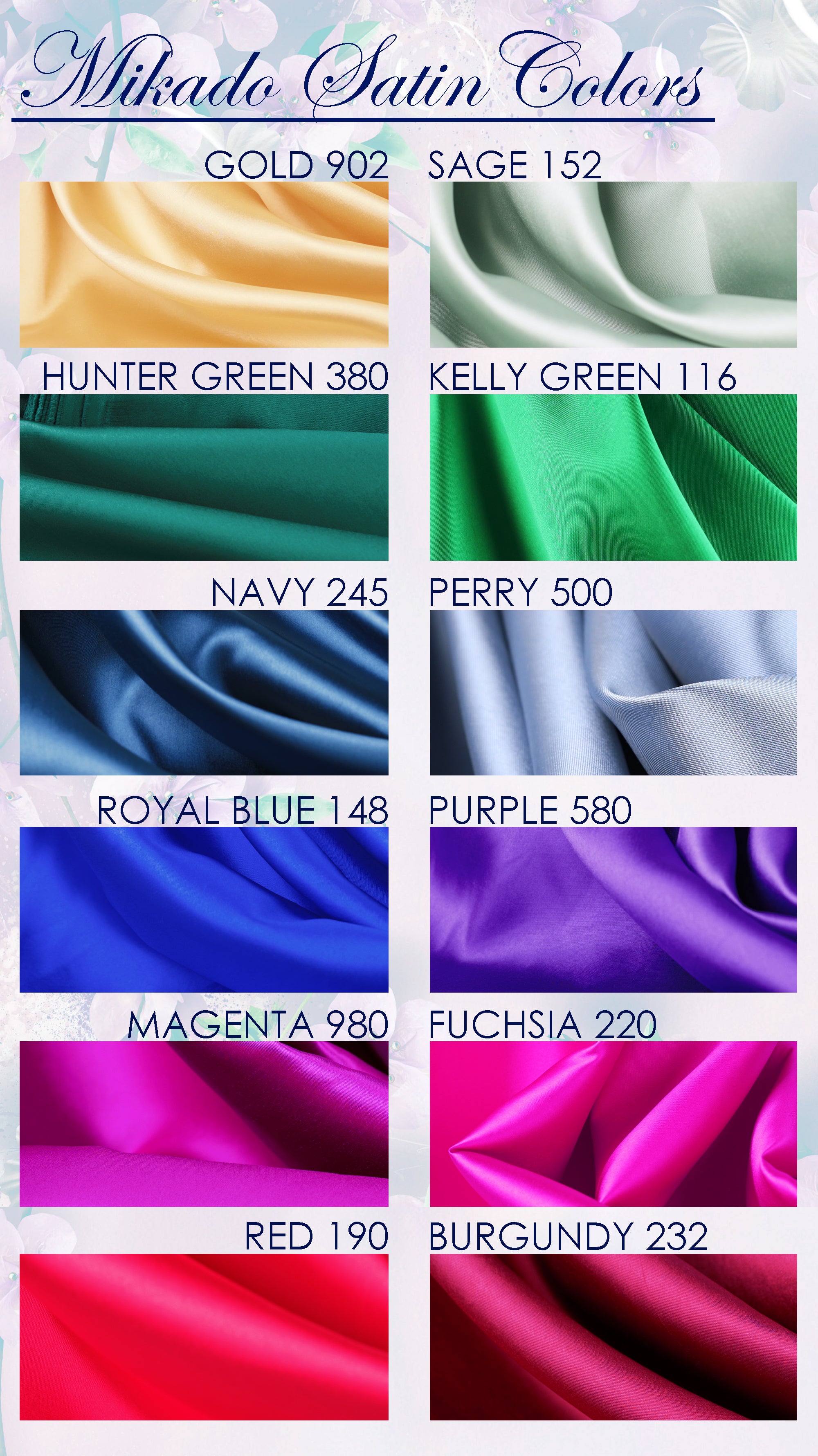 a collection of fabric colors, including gold, yellow, green, green, navy, purple, royal blue, purple, magenta, fuchsia, red, burgundy, and pink.