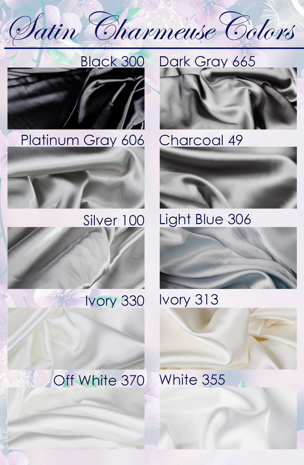 a collection of different satin fabrics in various colors, including black, dark gray, charcoal, silver, light blue, ivory, and off-white.