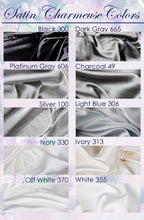 a collection of different satin fabrics in various colors, including black, dark gray, charcoal, silver, light blue, ivory, and off-white.