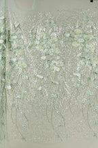 a close-up view of a fabric with a floral pattern, including white and green flowers and leaves. The fabric appears to be made of a shiny, glittery material, giving it a sparkling and delicate appearance.