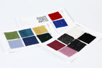 a collection of fabric swatches, each with a different color and pattern, arranged on a white background.
