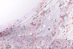 The image is a close-up view of a fabric with a floral pattern, featuring a variety of colorful flowers and leaves.
