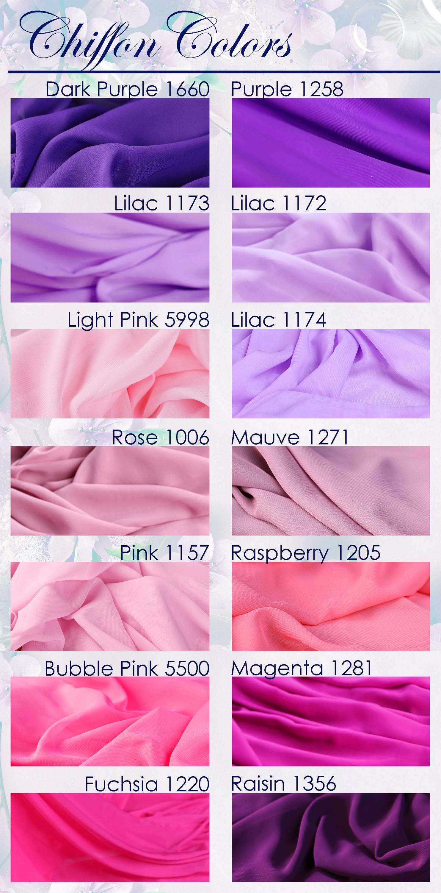 a collection of fabric swatches in various shades of purple, including dark purple, light purple, and lavender. The swatches are arranged in a grid format, with each row representing a different color and each column representing a different shade. The swatches are labeled with their respective names, such as "Dark Purple 1660", "Lilac 1173", "Light Pink 5998", and "Raspberry 1205".