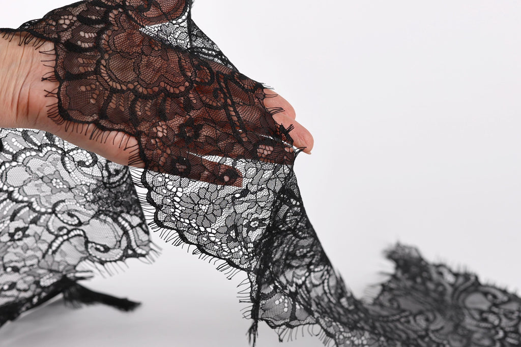 A hand holding a piece of black lace against a white background.