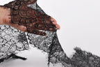 A hand holding a piece of black lace against a white background.
