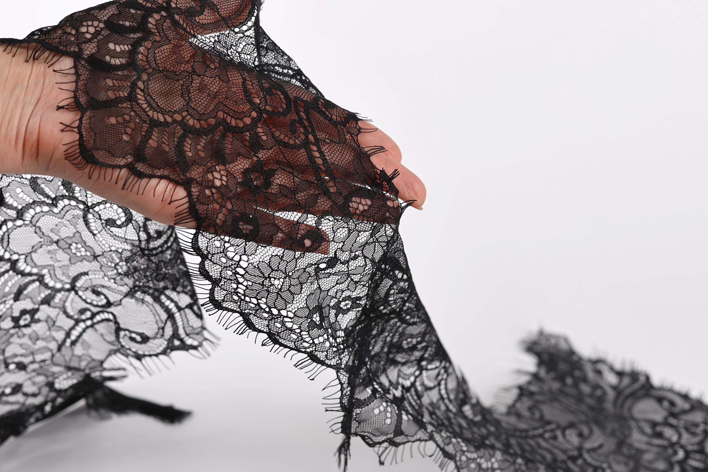 A hand holding a piece of black lace against a white background.