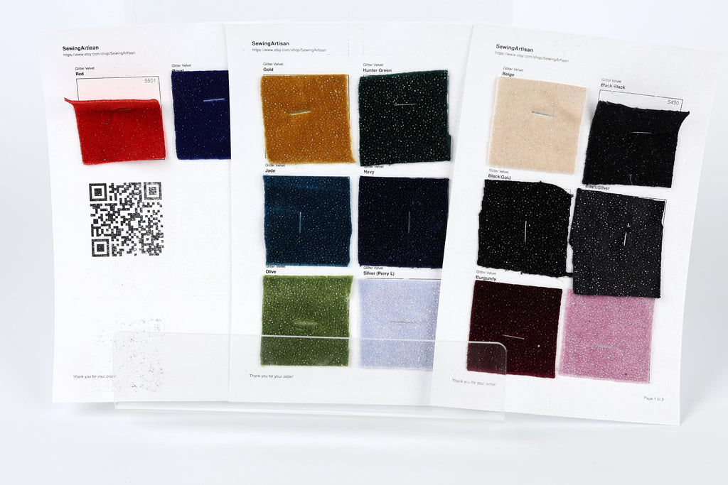 a collection of fabric swatches, each with a different color and pattern, arranged on a white background. There is a QR code and a barcode present, along with a note that says "Thank you for your order". The text is too small to read clearly, and there are several phrases that could be used to describe the image, such as "The image depicts", "The image displays", "The image shows", "In the image", "The image captures", "The image features", and "The image features".