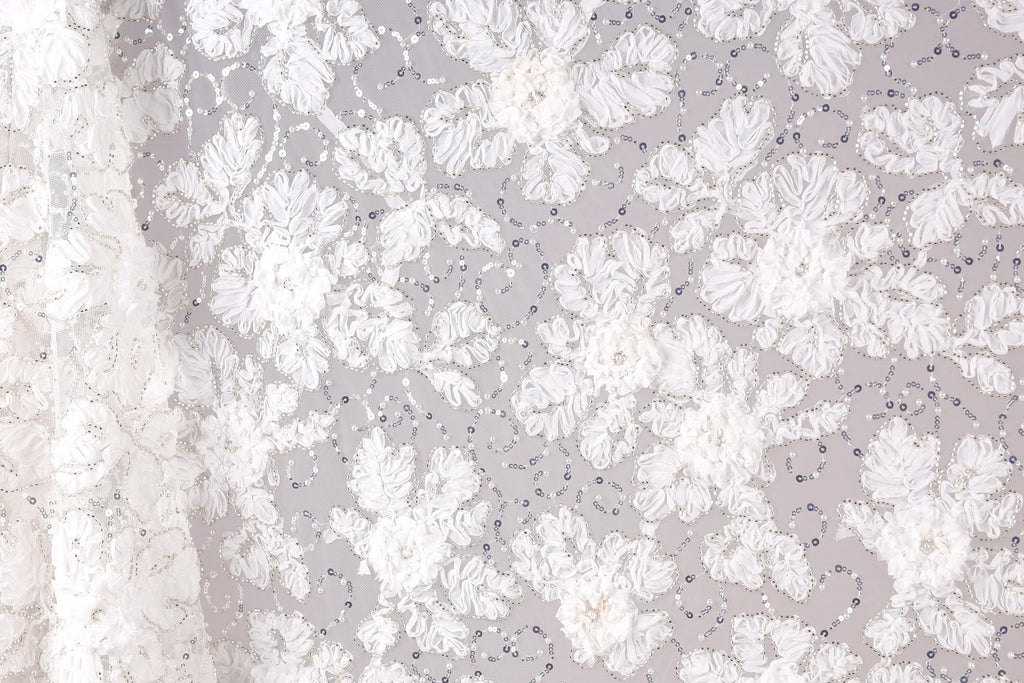 The image is a close-up of a delicate, white lace fabric with a floral pattern. The fabric appears to be made of a sheer material, giving it a delicate and elegant appearance. The lace is adorned with small white flowers and beads, adding a touch of sparkle and detail to the overall design. The image does not contain any text or other discernible objects, and the focus is solely on the intricate lace pattern.