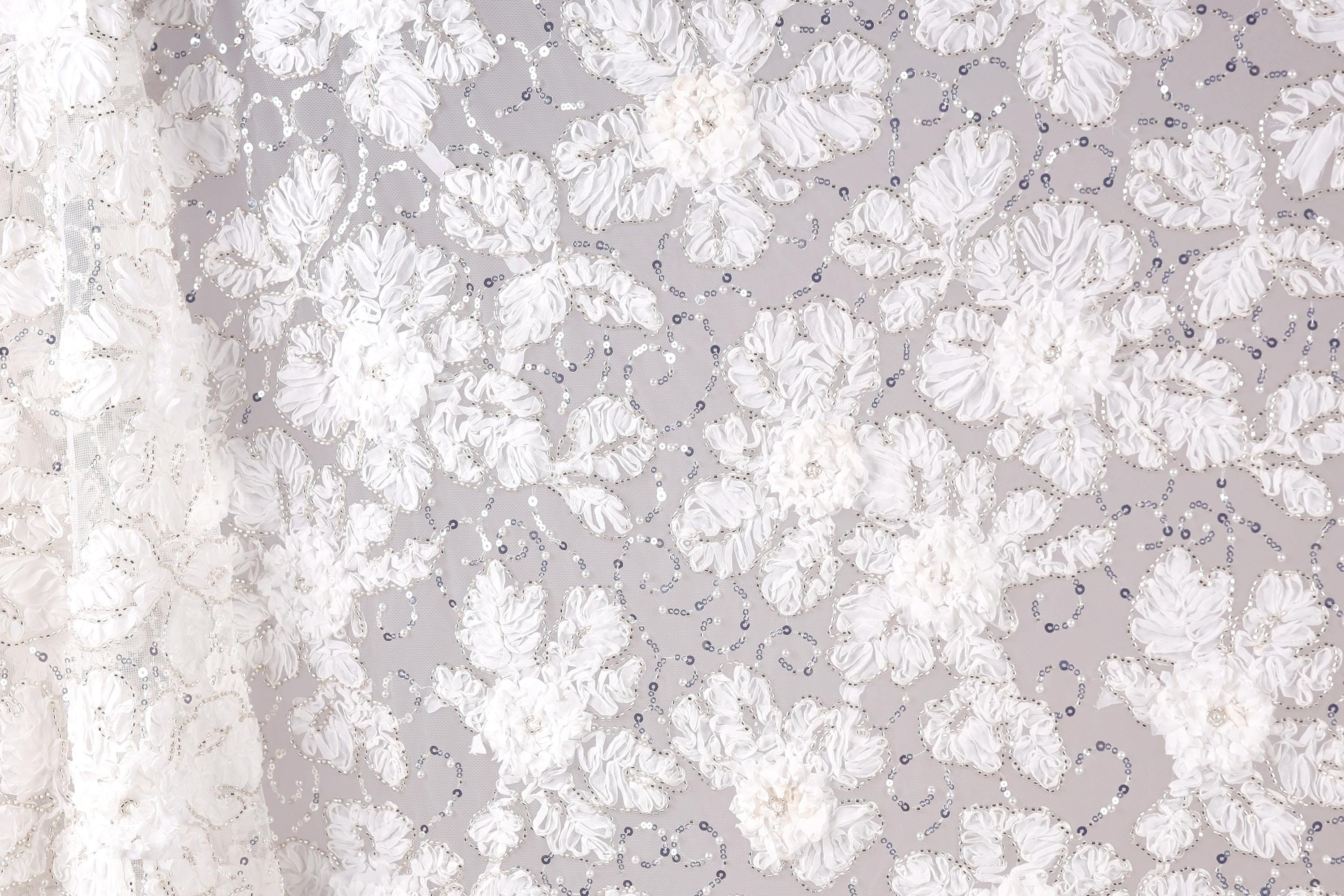 The image is a close-up of a delicate, white lace fabric with a floral pattern. The fabric appears to be made of a sheer material, giving it a delicate and elegant appearance. The lace is adorned with small white flowers and beads, adding a touch of sparkle and detail to the overall design. The image does not contain any text or other discernible objects, and the focus is solely on the intricate lace pattern.