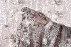 a close-up view of a delicate, intricately designed fabric with a floral pattern. The fabric appears to be made of sequins and lace, creating a visually striking and elegant appearance.