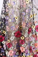 a close-up view of a fabric with a vibrant floral pattern. The fabric is adorned with a variety of colorful flowers, including red, pink, yellow, and purple flowers, creating a visually striking and intricate design. The flowers are arranged in a way that they appear to be growing upwards, adding a sense of depth and dimension to the fabric. The image does not contain any text or other discernible objects, and the focus is solely on the detailed floral pattern on the fabric.