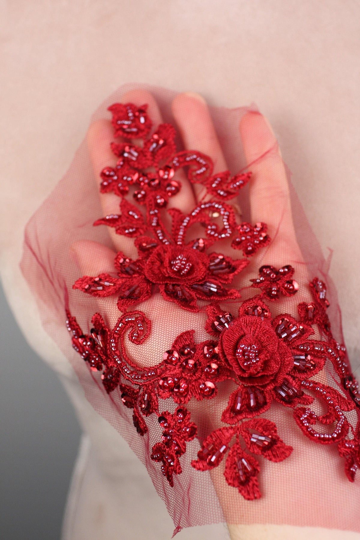 A hand adorned with a delicate red lace or embroidery, featuring intricate floral and leaf designs.