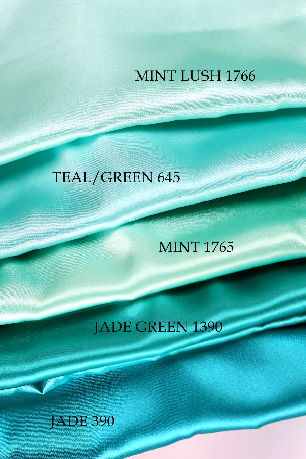a collection of six different shades of turquoise fabric, each labeled with its corresponding color name. The text includes "MINT LUSH 1766", "TEAL/GREEN 645", "MINT 1765", "JADE GREEN 1390", and "JADE 390".