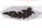 a close-up view of a piece of fabric with a black lace-like pattern, which appears to be a decorative element. The fabric is placed on a transparent ruler, which is placed on a white surface.