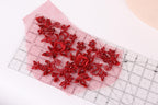 a close-up view of a red floral embroidery piece on a transparent surface, with a ruler placed next to it for scale.