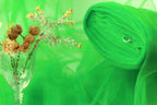 a glass vase filled with dried flowers and a green fabric or material, possibly a piece of tulle, against a green background.