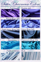 a collection of various satin fabrics in different colors, including Purple, Royal Blue, Dark Navy Blue, Turquoise, Peacock Blue, Faded Denim, and Blue.