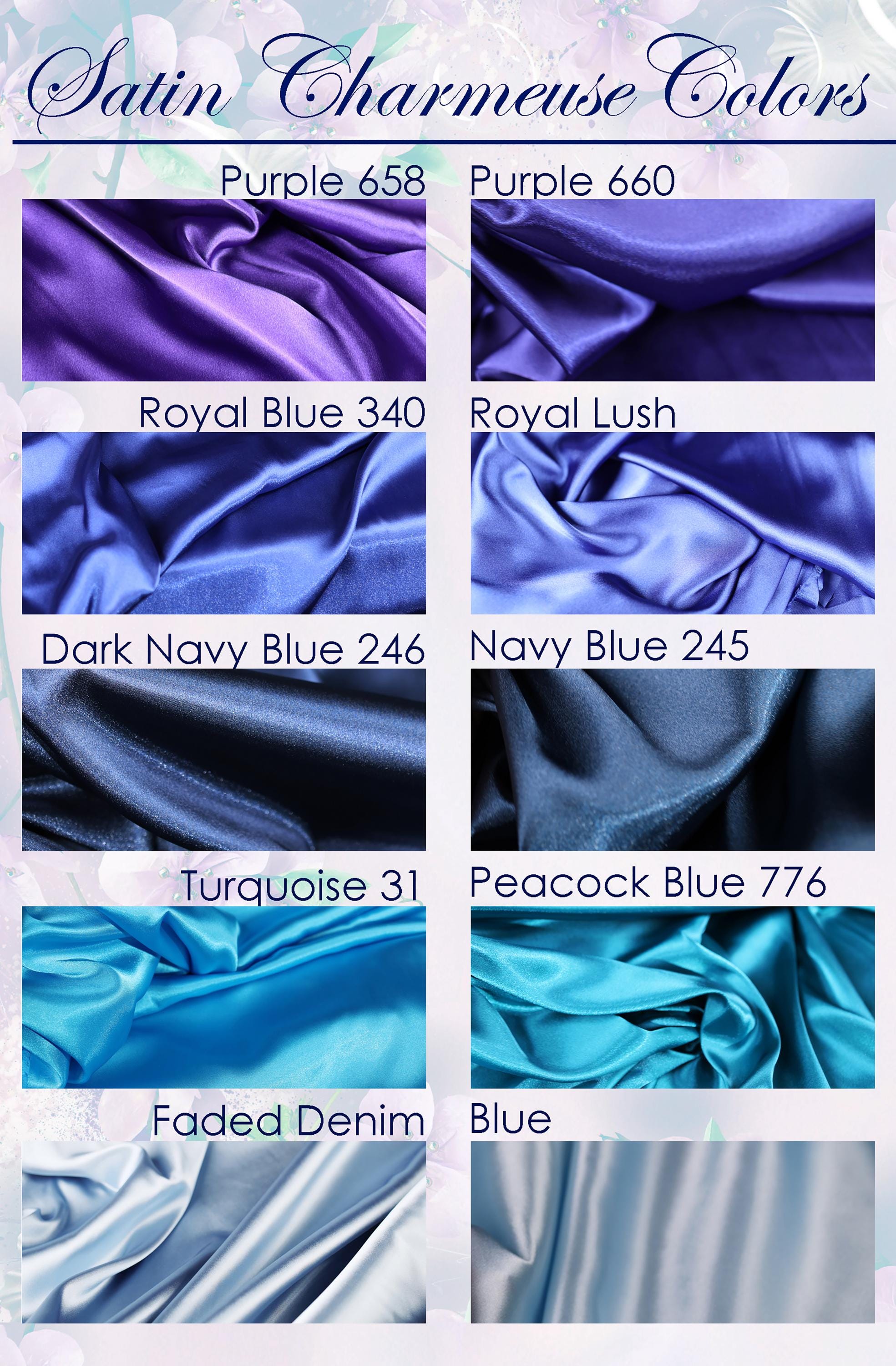 a collection of various satin fabrics in different colors, including Purple, Royal Blue, Dark Navy Blue, Turquoise, Peacock Blue, Faded Denim, and Blue.