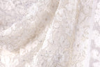 a close-up view of a delicate, white lace fabric with intricate floral patterns. The fabric appears to be made of a soft, silky material and is adorned with small, sparkling embellishments. The image does not contain any text or other discernible objects, and the focus is solely on the intricate details of the lace fabric.