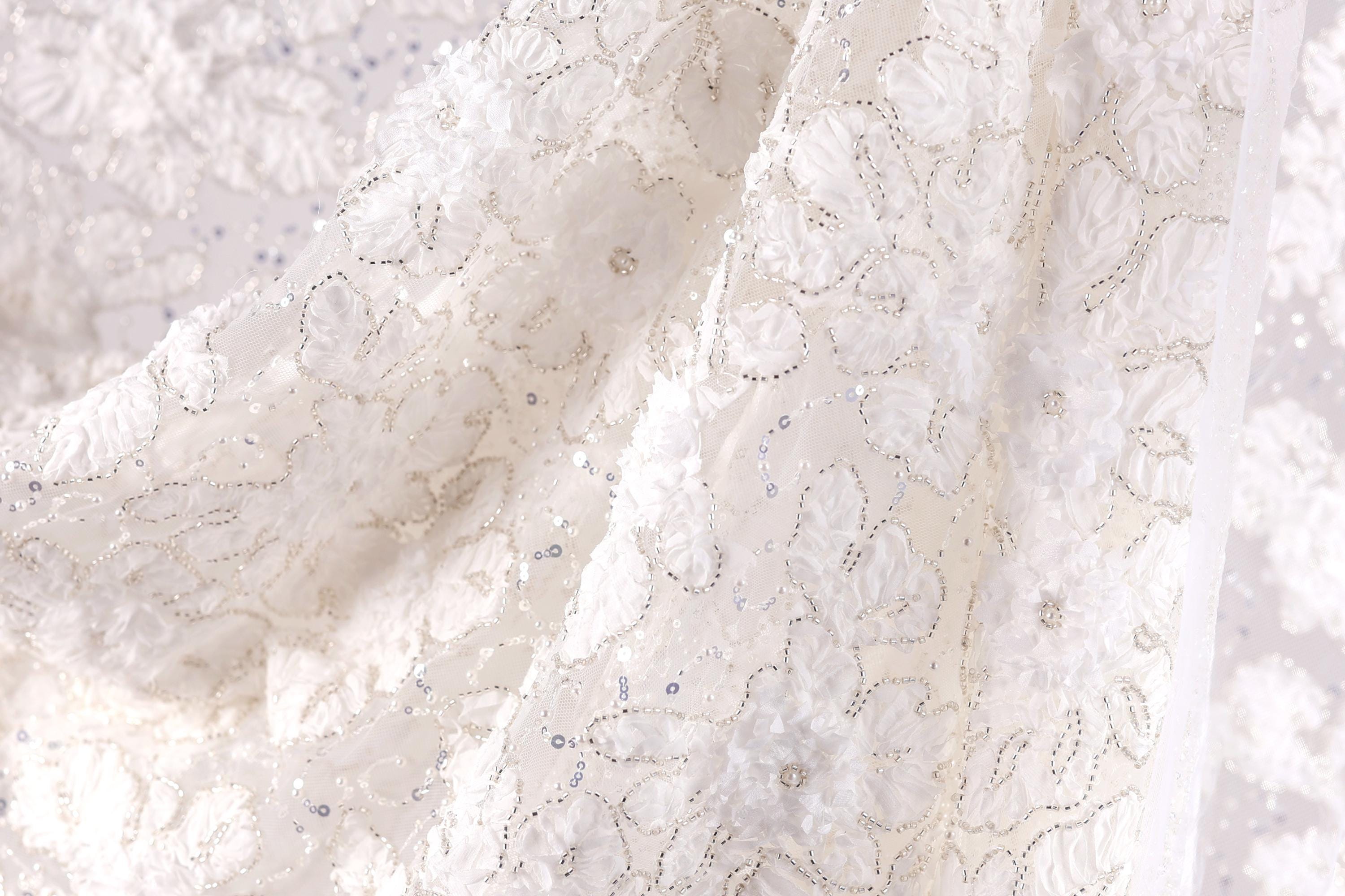 a close-up view of a delicate, white lace fabric with intricate floral patterns. The fabric appears to be made of a soft, silky material and is adorned with small, sparkling embellishments. The image does not contain any text or other discernible objects, and the focus is solely on the intricate details of the lace fabric.