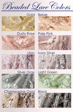 a collection of various colored beads and lace fabrics, each with different patterns and textures. The text labels the colors as "Gold", "Beige", "Dusting Rose", "Pale Pink", "Lilac", "Ivy Silver", "Silver Gray", "Light Green", "Champagne Gold", "Black", and "Champagne Gold".
