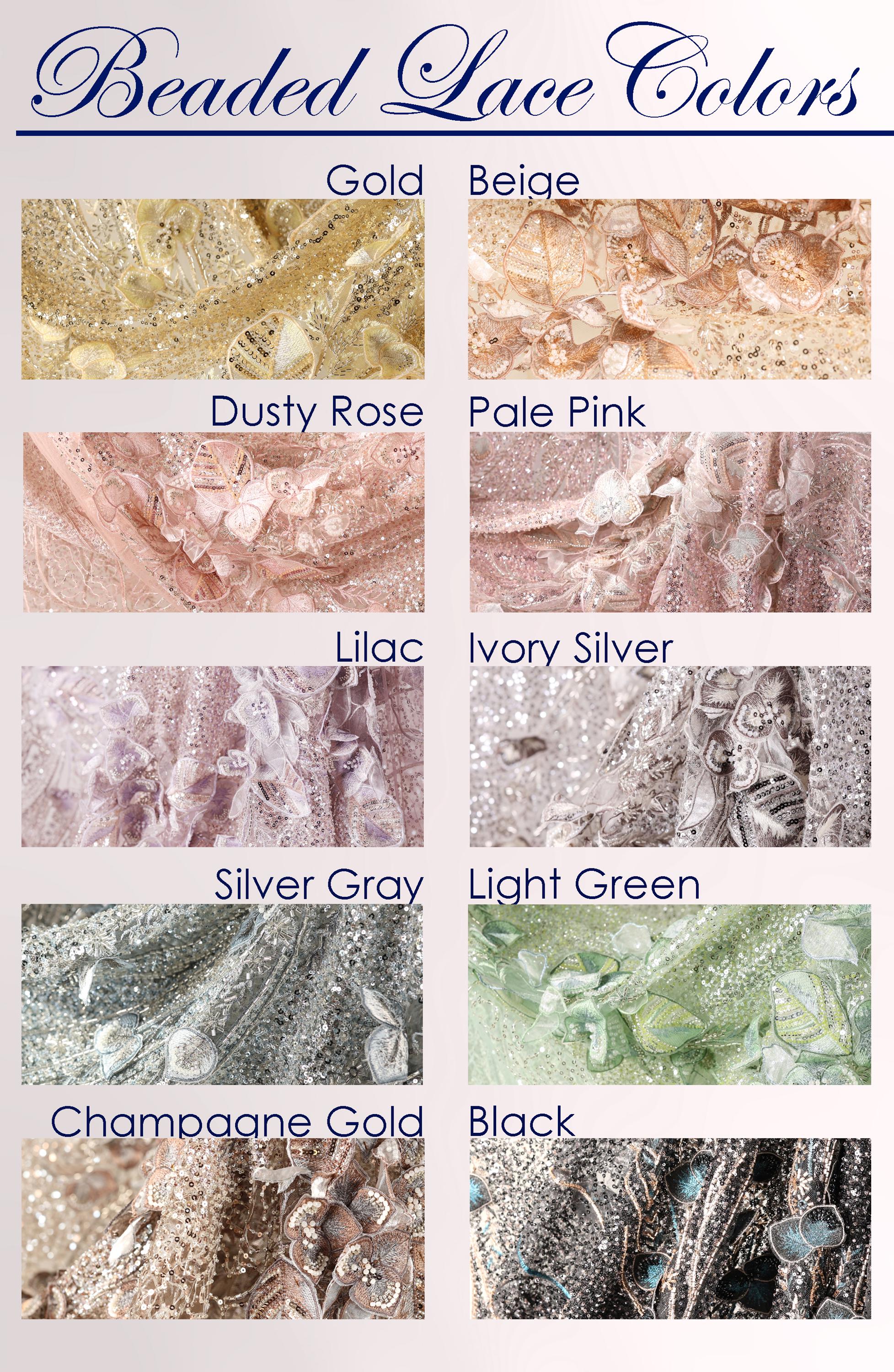 a collection of various colored beads and lace fabrics, each with different patterns and textures. The text labels the colors as "Gold", "Beige", "Dusting Rose", "Pale Pink", "Lilac", "Ivy Silver", "Silver Gray", "Light Green", "Champagne Gold", "Black", and "Champagne Gold".