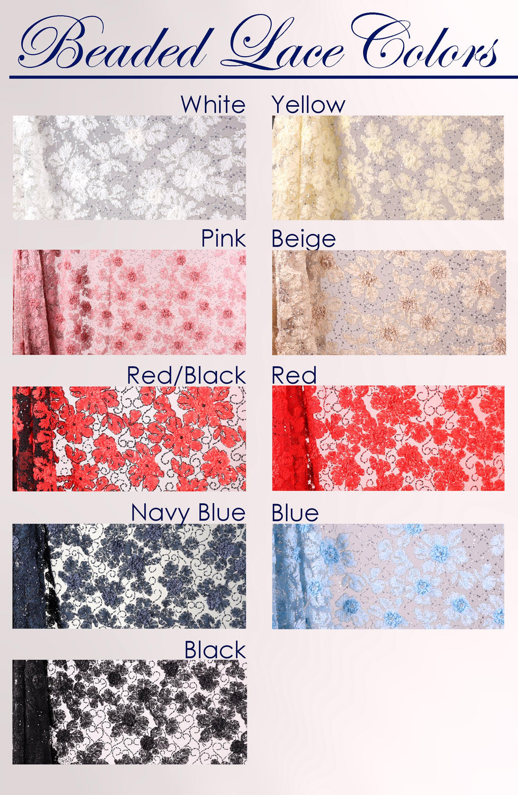 a collection of various colored lace fabrics, including white, yellow, pink, beige, red/black, navy blue, and black.