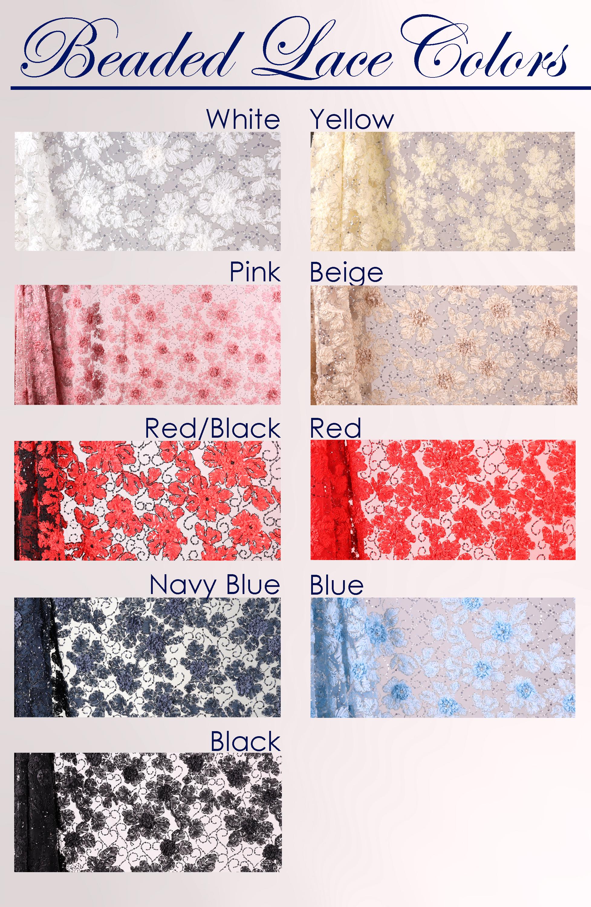 a collection of various colored lace fabrics, including white, yellow, pink, beige, red/black, navy blue, and black.