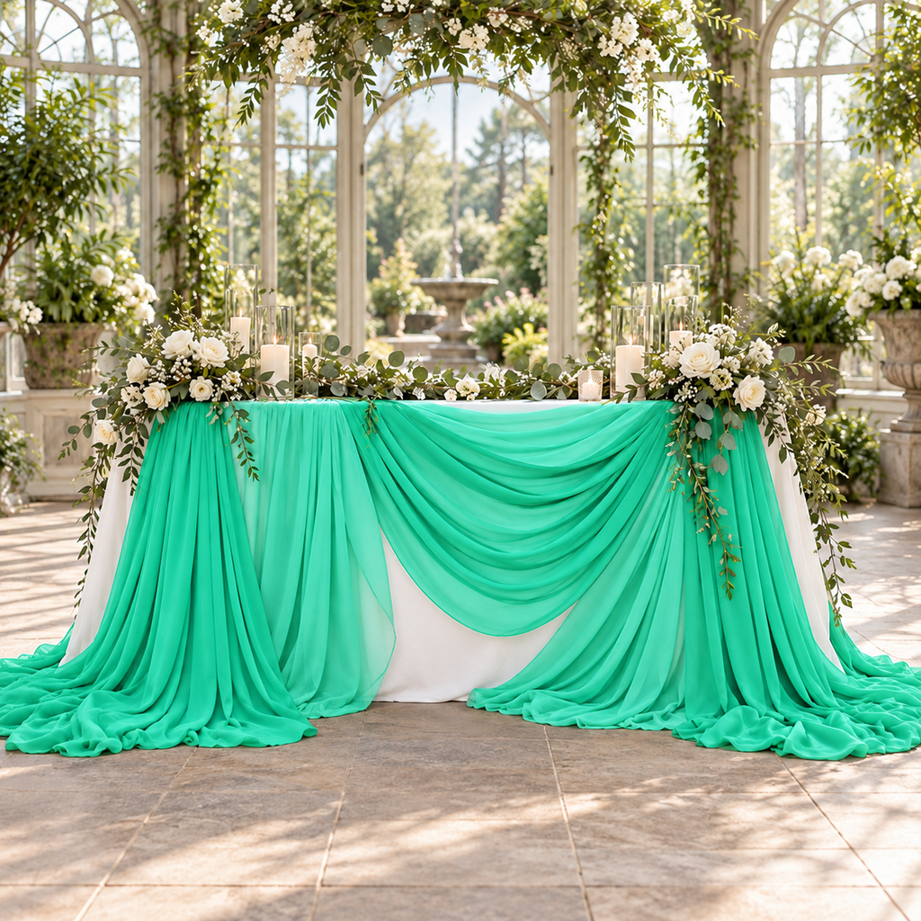 Emerald green chiffon draping on a wedding reception table