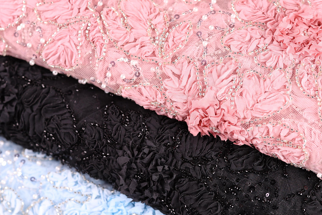 a close-up view of a fabric with a pink floral pattern and black lace-like texture.
